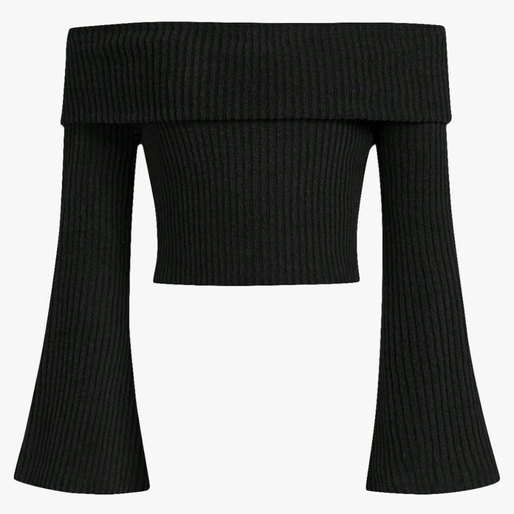 Girls Black Off the Shoulder Knit Cropped Top